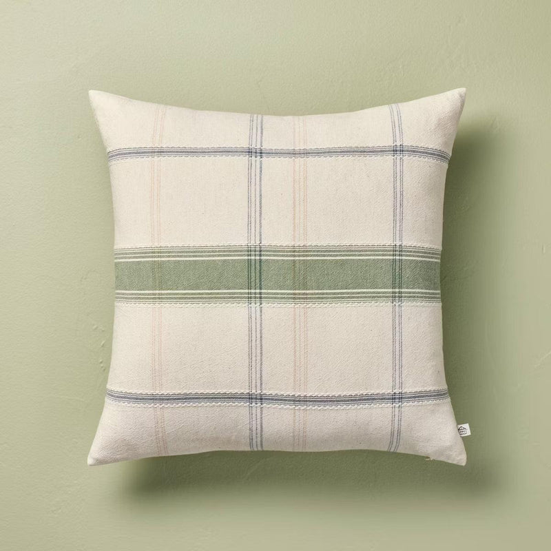 18"x18" Throw Pillow Sour Cream and Green Plaid