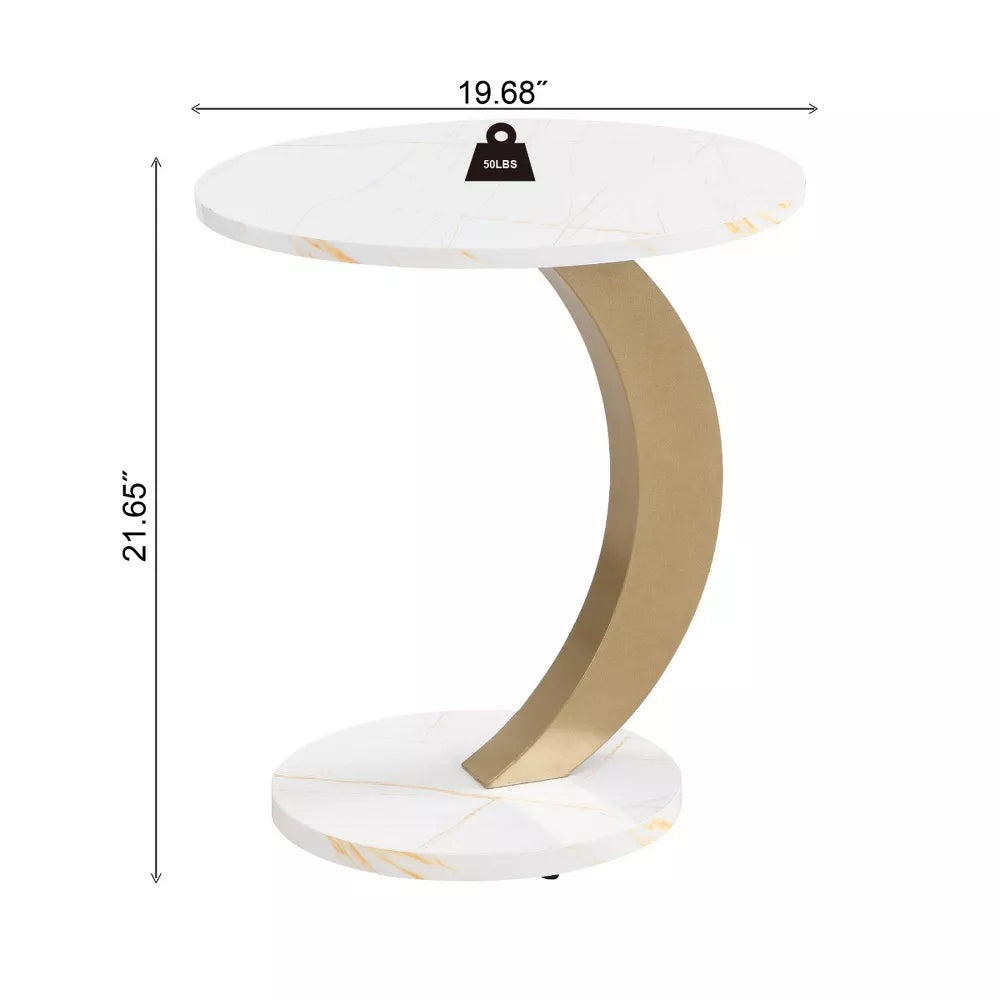 White side table with gold accents and dimensions on a white background golden 