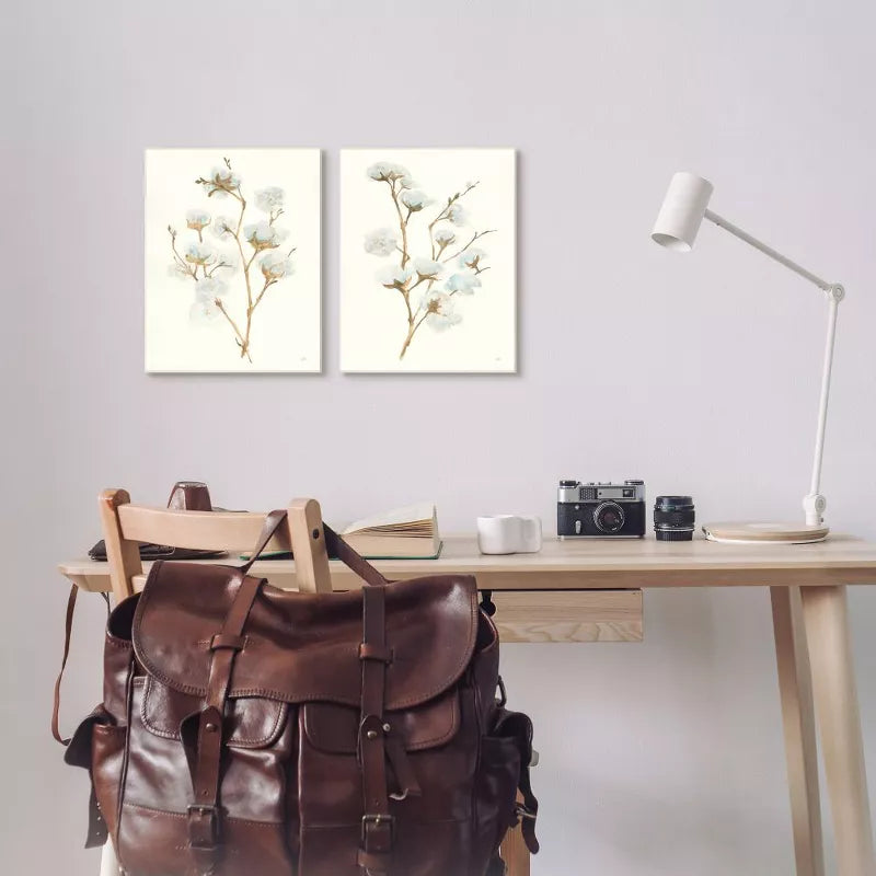 Cotton Flower Stems Rustic Farmhouse Floral – 2 Piece Canvas Wall Art