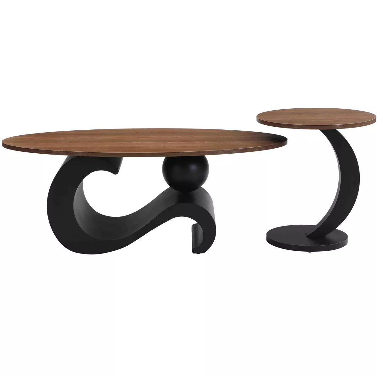 Round wooden table with black curved base and dimensions indicated