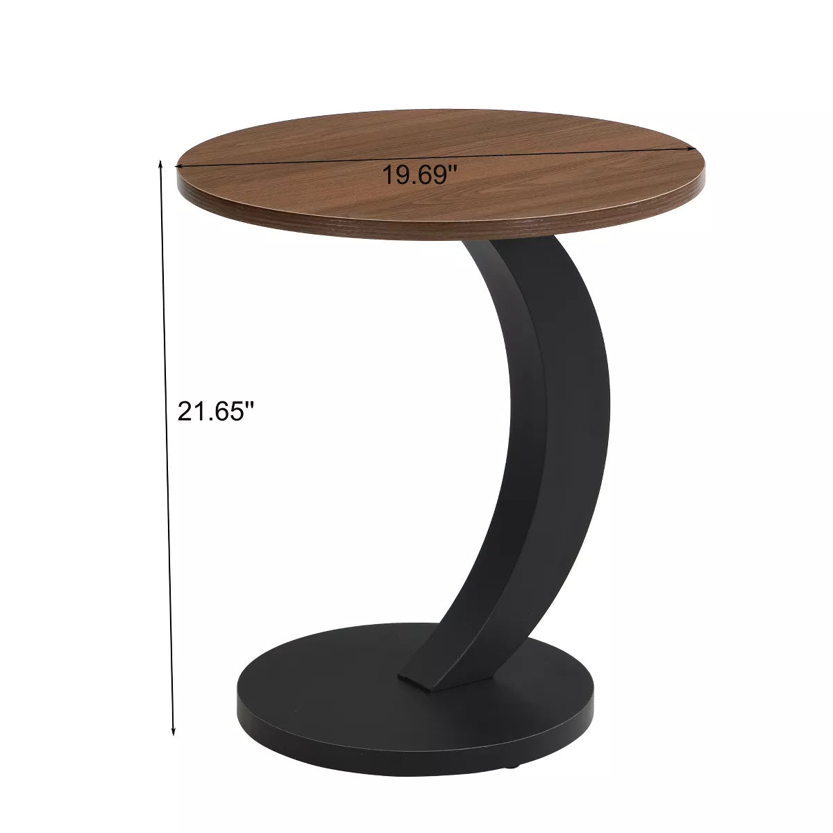 Round wooden table with black curved base and dimensions indicated
