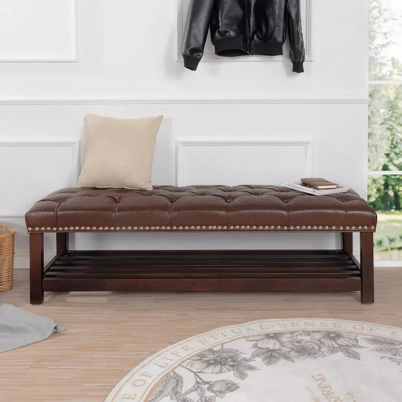 Upholstered Bench with Shelf,PU Leather End of Bed Bench with Nailhead Trim