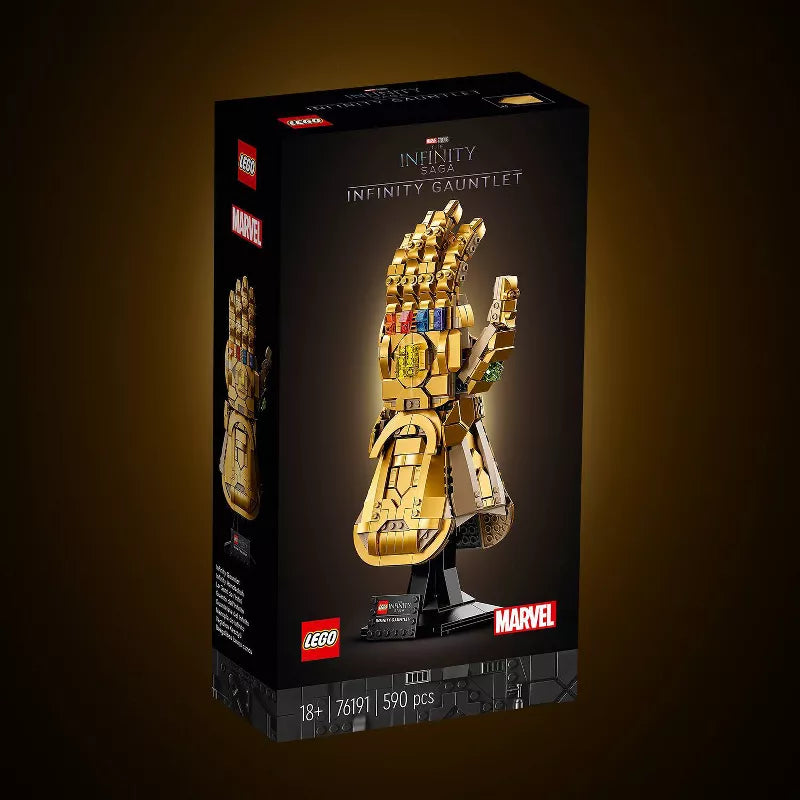 LEGO Marvel Infinity Gauntlet set packaging on a dark background