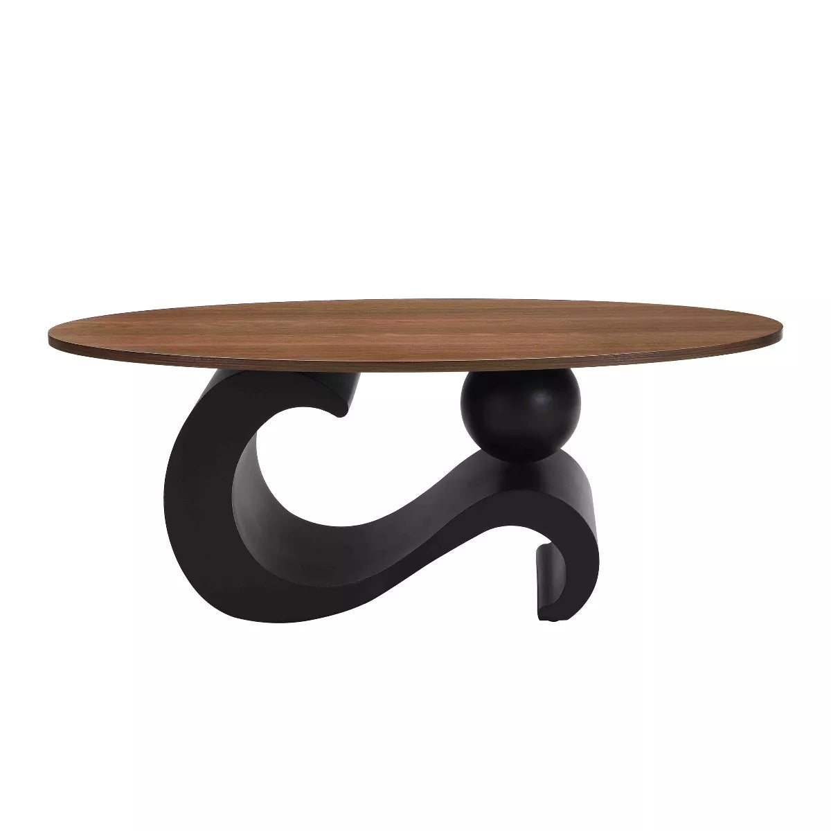 Round wooden table with black curved base and dimensions indicated