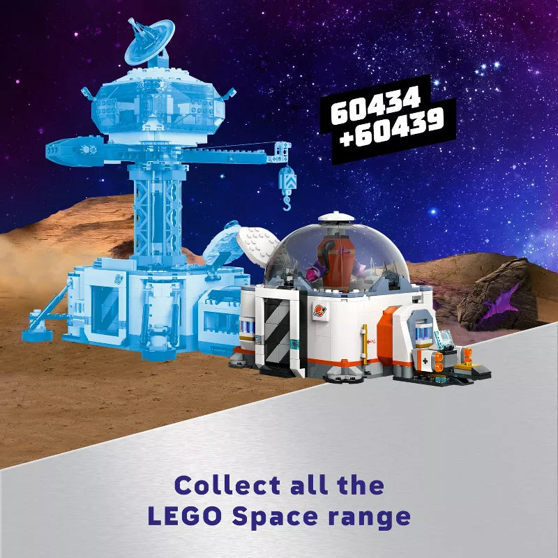 LEGO space set with a space station and rover on a desert planet background, featuring product codes and promotional text.