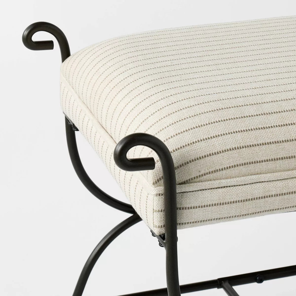 Performance stripe fabric texture close-up on upholstered bench seat
