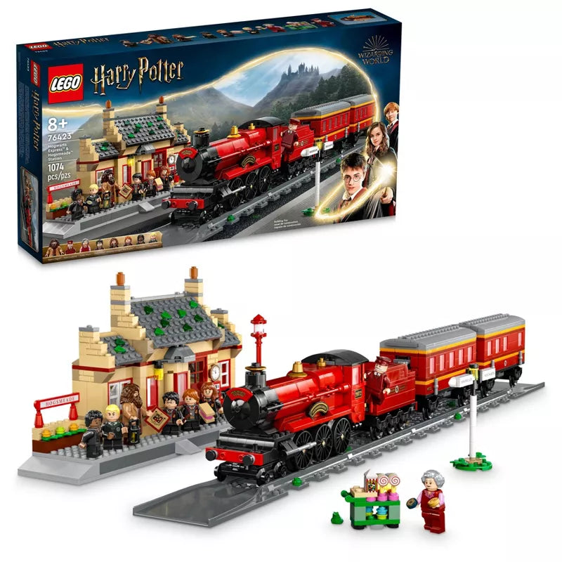 LEGO Harry Potter train set with packaging and figures on a white background
