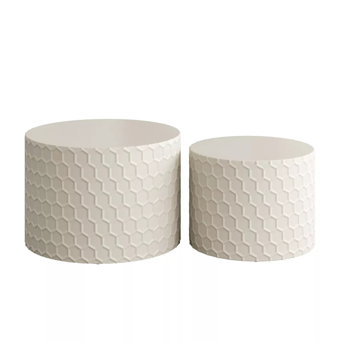 Two white ceramic planters with geometric pattern on a white background White