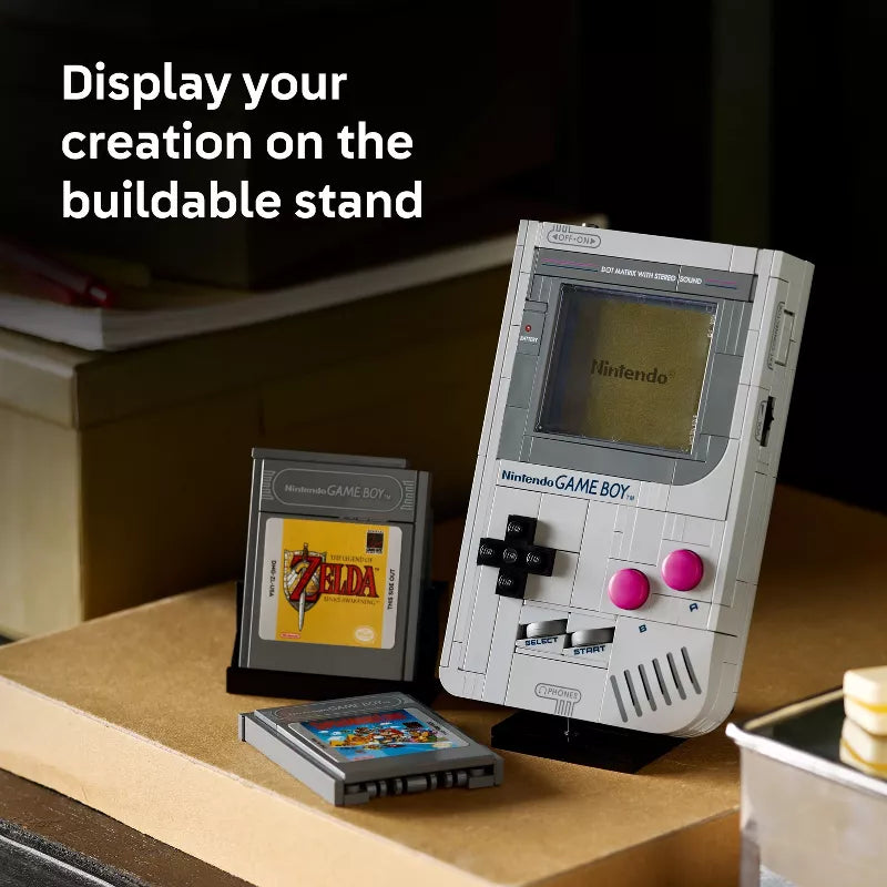 Model of a Nintendo Game Boy with a Zelda cartridge on a buildable stand