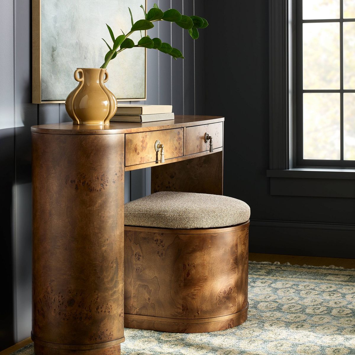 Burled Wood Upholstered Storage Ottoman Dark Brown - Threshold™