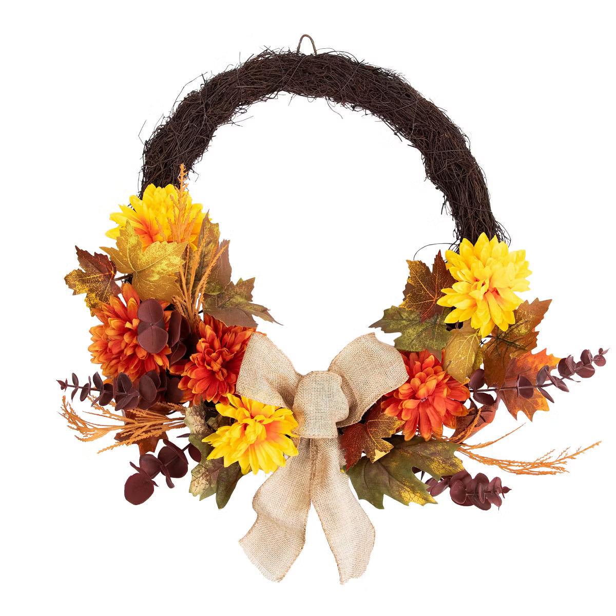 Small Artificial Fall Harvest Wreath with Burlap Bow