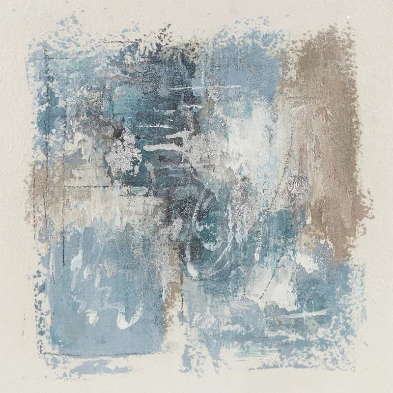 Abstract art with blue, gray, and beige colors on a textured surface