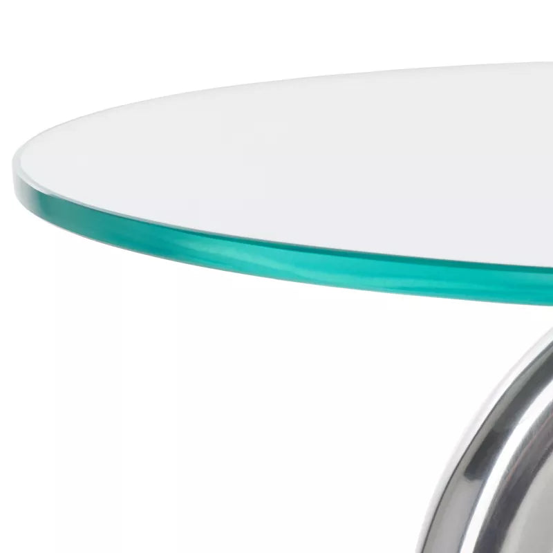 Close-up of a glass table with a white top and teal edge on a white background