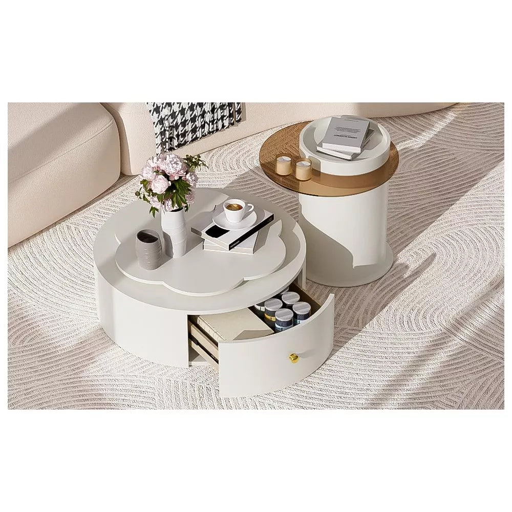Round coffee table with decorative items in a living room setting