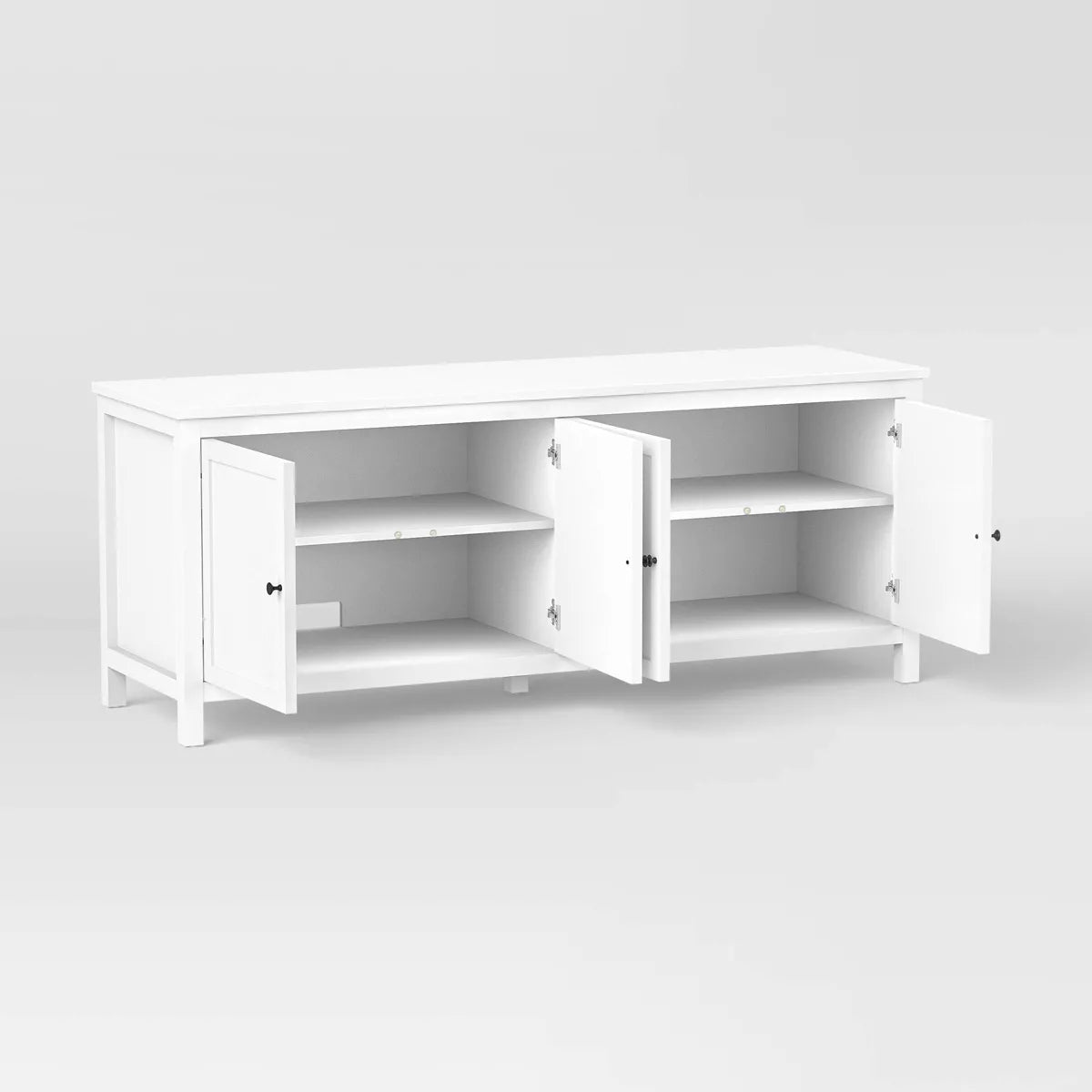 White storage cabinet with four doors on a light gray background