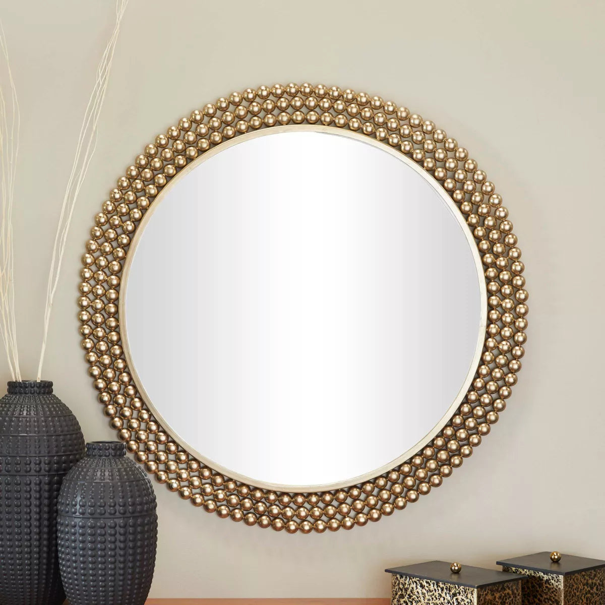 Metal Round with Beaded Detailing Wall Mirror Brass
