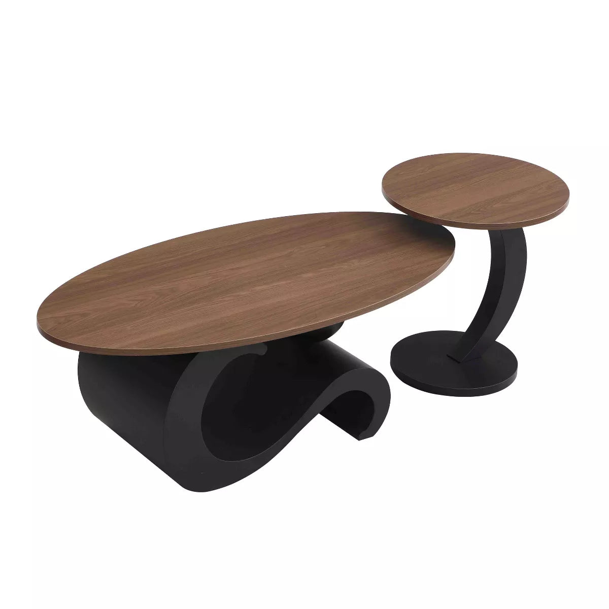 Round wooden table with black curved base and dimensions indicated