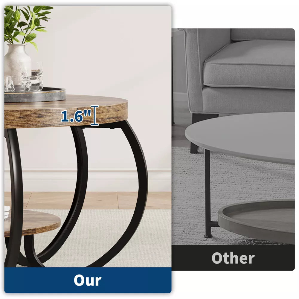 Wooden coffee table with black metal legs in a living room setting.brown