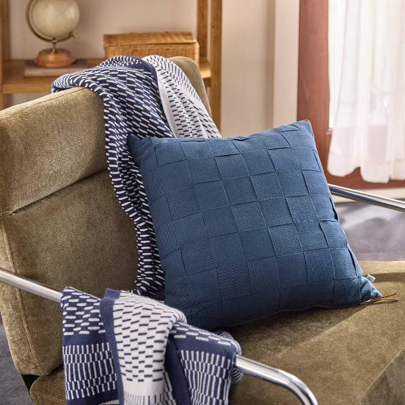 Navy Basket Weave Square Throw Pillow
