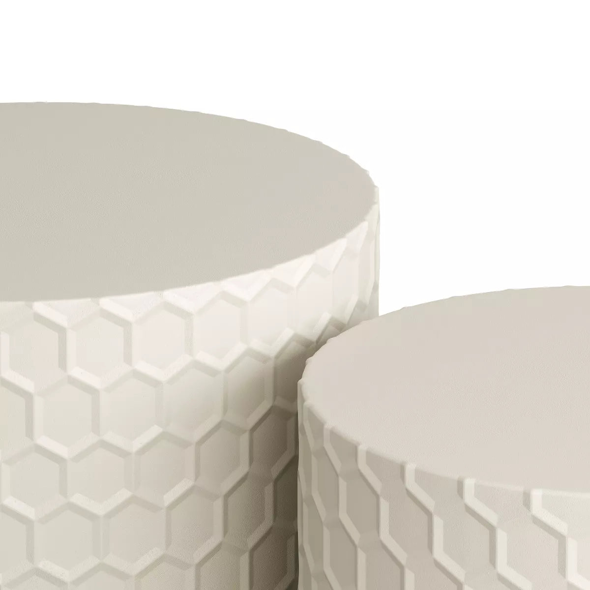 Two white ceramic planters with geometric pattern on a white background White