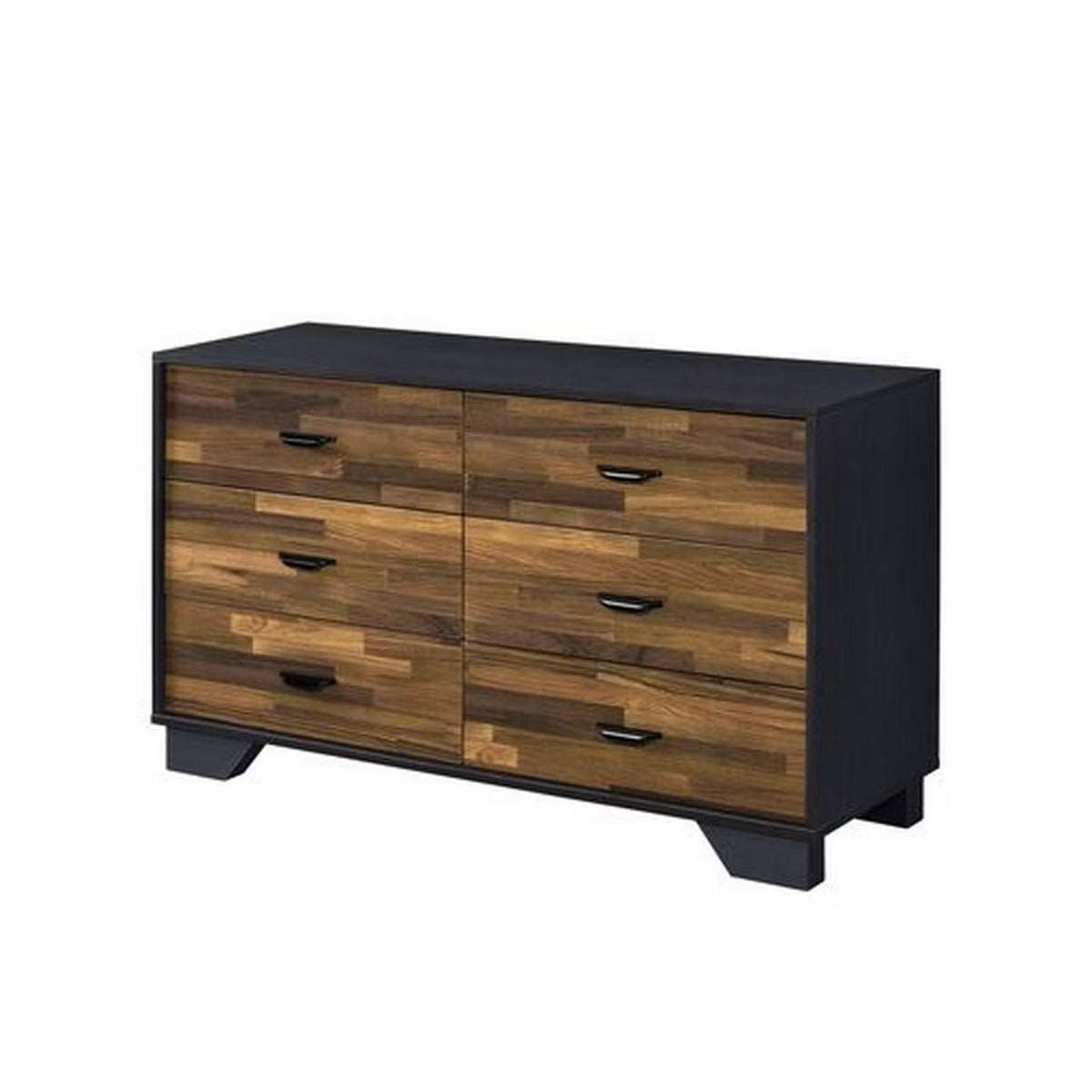 A modern six-drawer dresser with a dark wood grain patterned front, black frame, and black metal drawer pulls, shown against a plain white background.