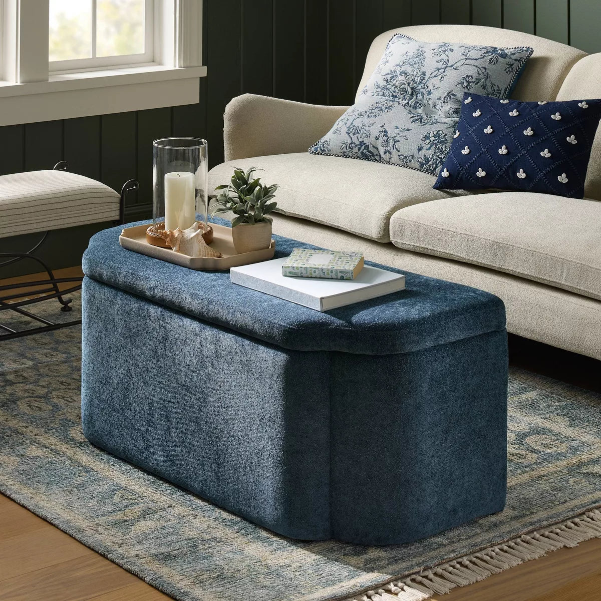 Blue storage bench on a white background
