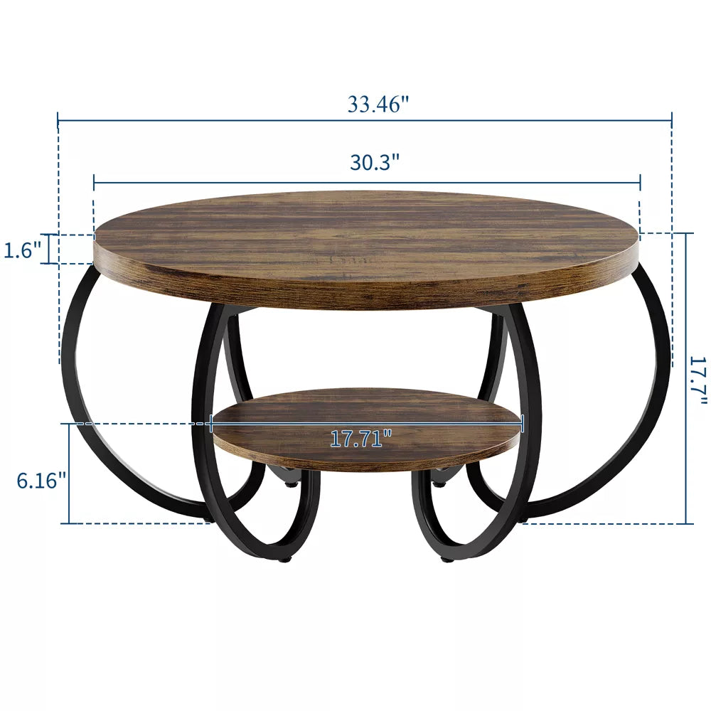 Wooden coffee table with black metal legs in a living room setting.brown