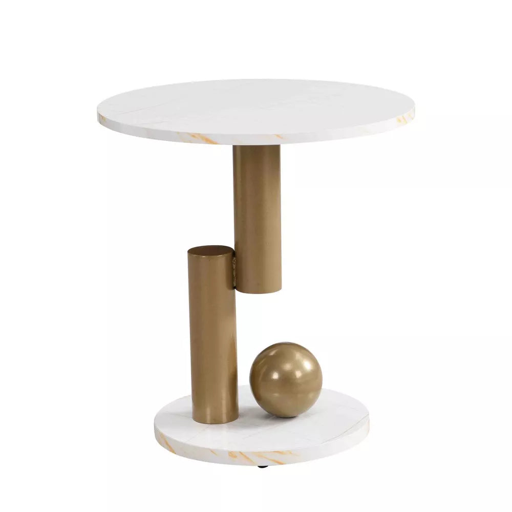 Modern side table with white top and gold cylindrical legs on a white background gold