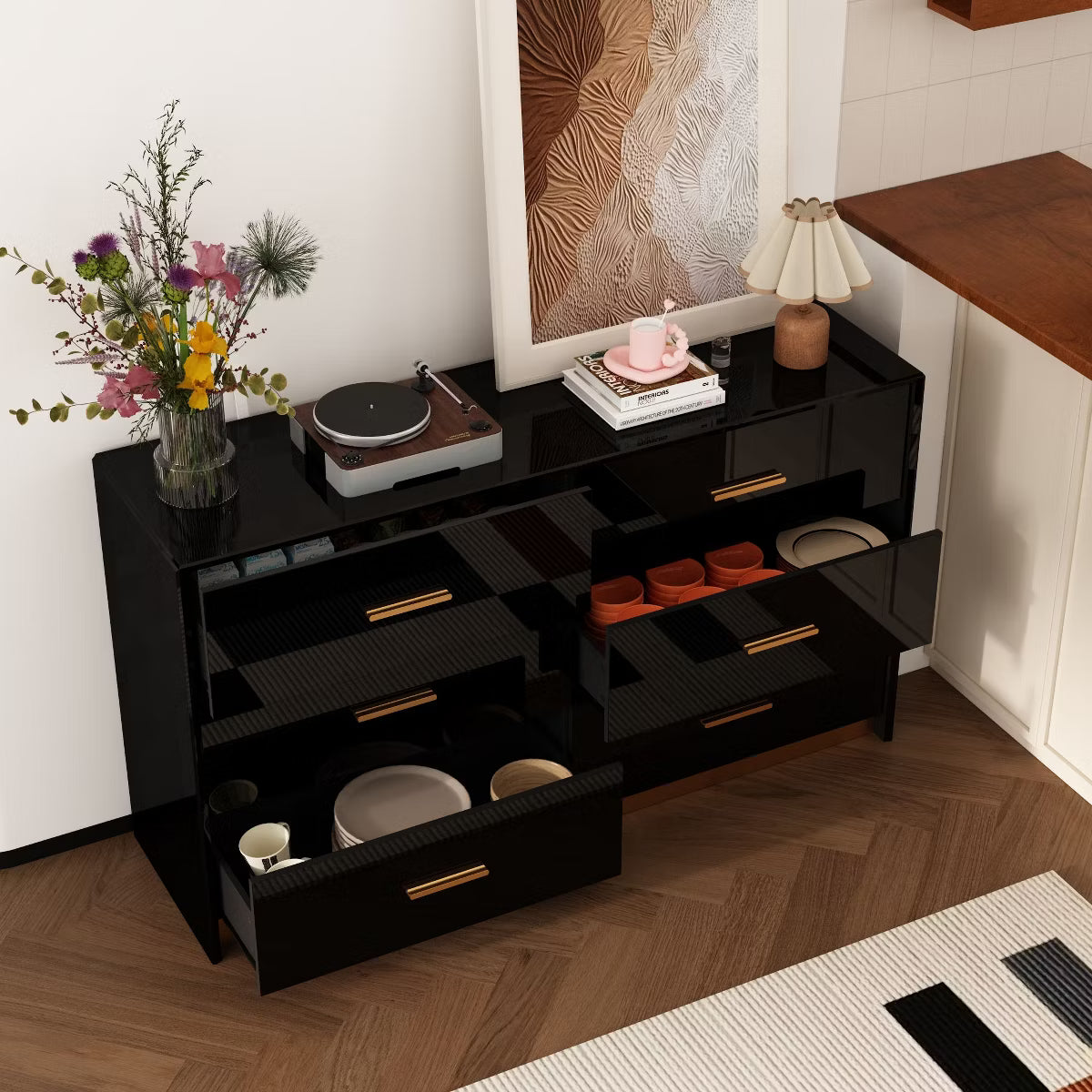 Black High Gloss Dresser With 6 Drawers and Form Base