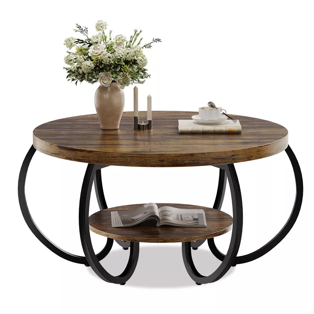 Wooden coffee table with black metal legs in a living room setting.brown
