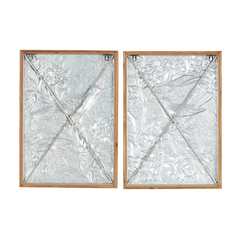 Two decorative wall art pieces with floral patterns and wooden frames on a white background.