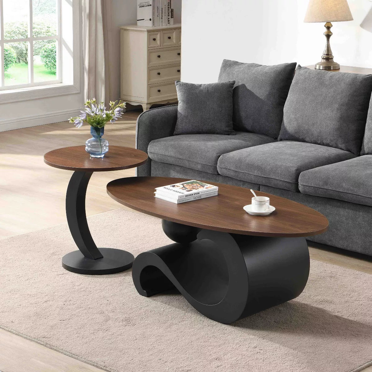 Round wooden table with black curved base and dimensions indicated