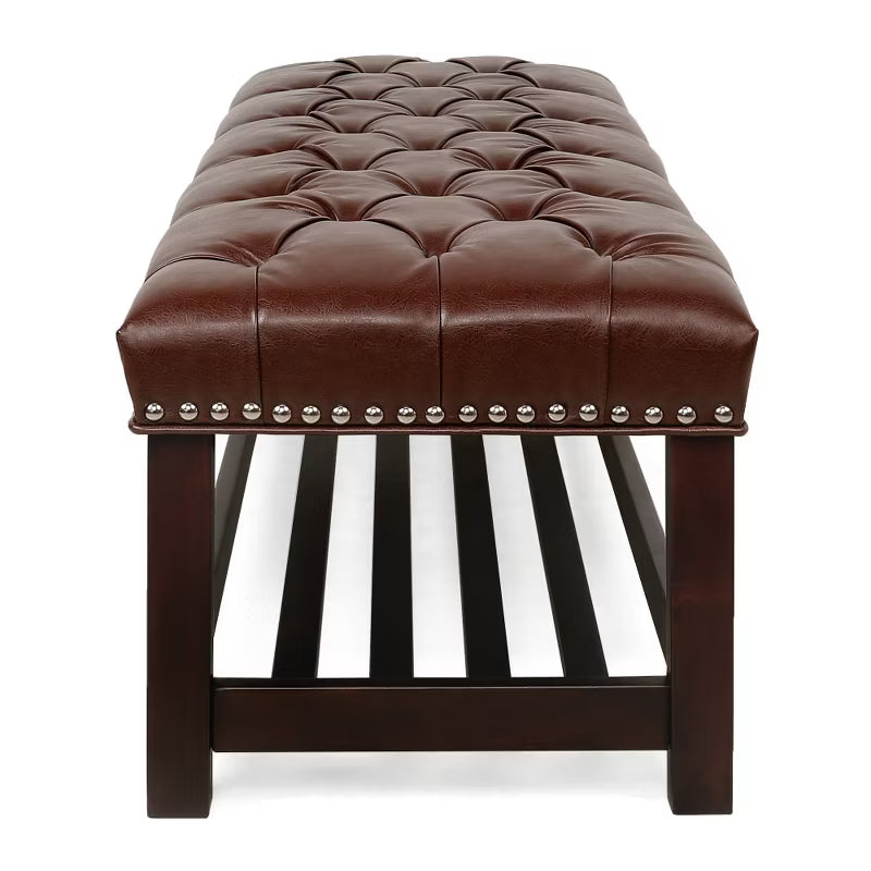 Upholstered Bench with Shelf,PU Leather End of Bed Bench with Nailhead Trim