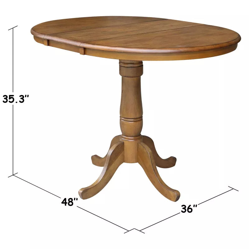 Wooden round table with dimensions labeled on a white background