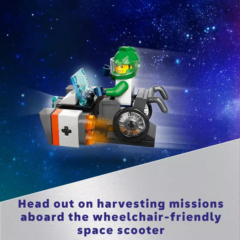 LEGO figure on a wheelchair-friendly space scooter with a space-themed background