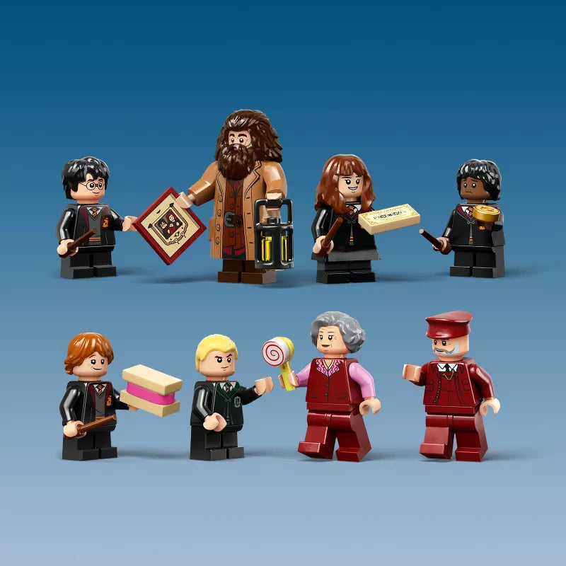 LEGO figurines of characters from a fantasy series on a blue background