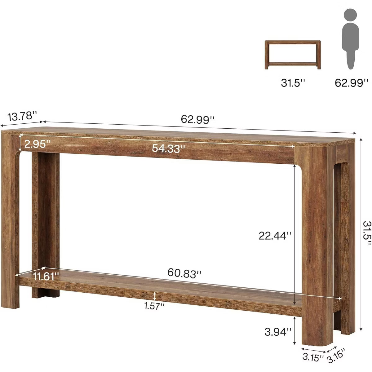 Lantine 63 Inch 2-Tier Farmhouse Narrow Console Table, Rustic Brown Accent Furniture for Entryway, Foyer, Hallway, Behind Couch., 1 of 6