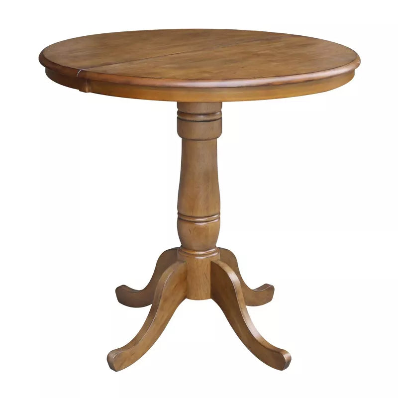 Wooden round table with a pedestal base on a white background