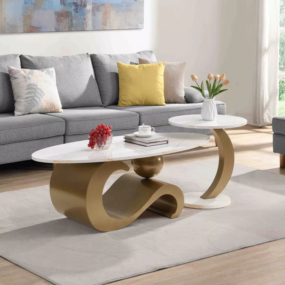 White side table with gold accents and dimensions on a white background golden 