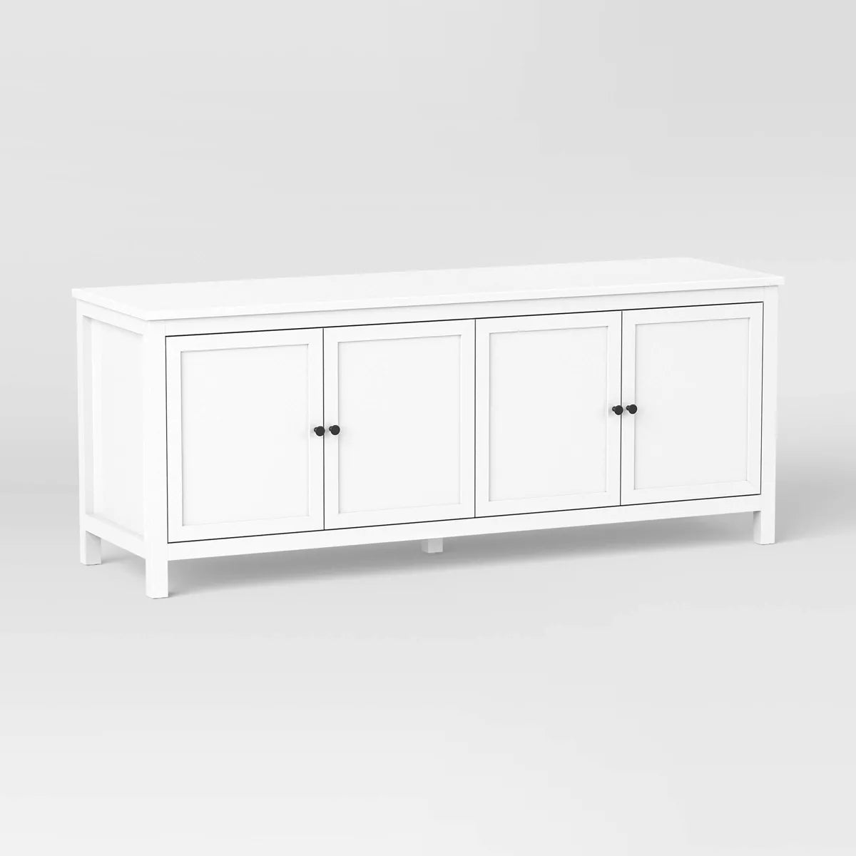 White storage cabinet with four doors on a light gray background