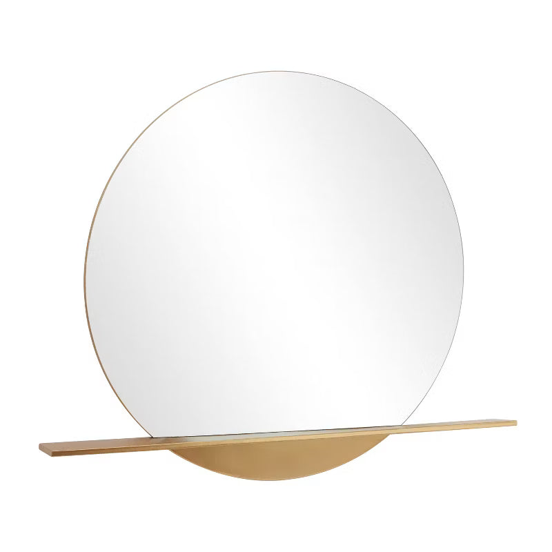 Metal 1 Shelf Wall Round Mirror Gold Large, Glam Style, No Assembly Required