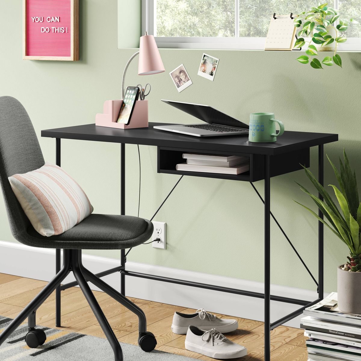 Wood and Metal Writing Desk with Storage Black - Room Essentials