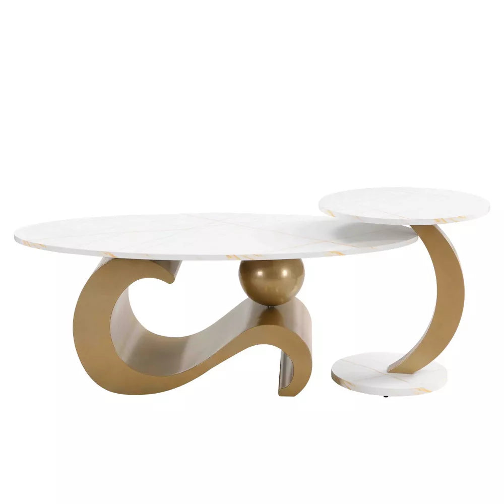 White side table with gold accents and dimensions on a white background golden 
