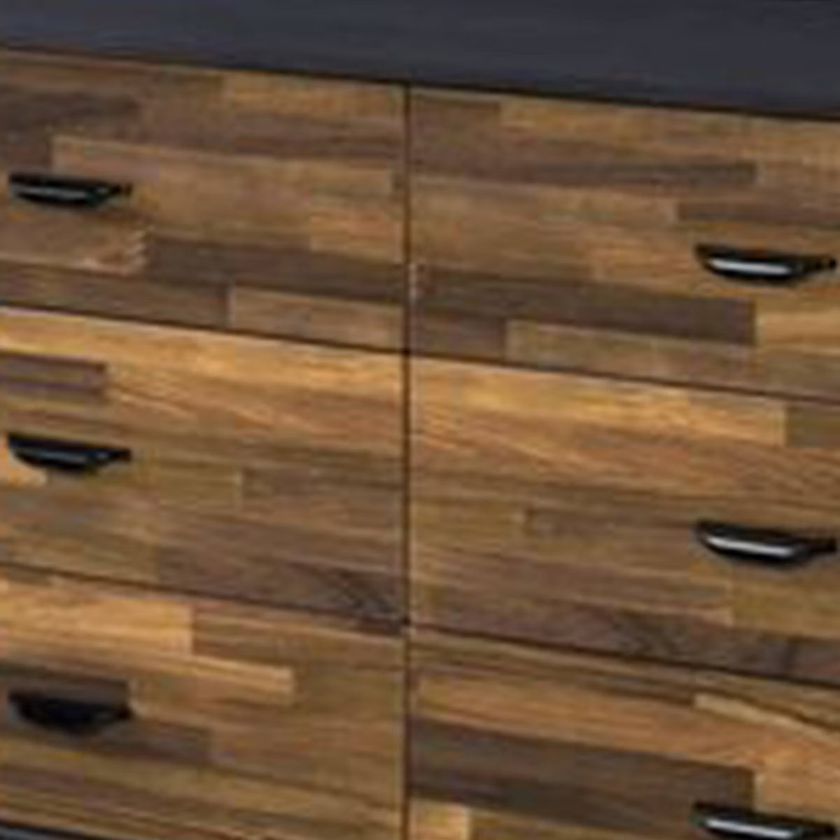 A modern six-drawer dresser with a dark wood grain patterned front, black frame, and black metal drawer pulls, shown against a plain white background.
