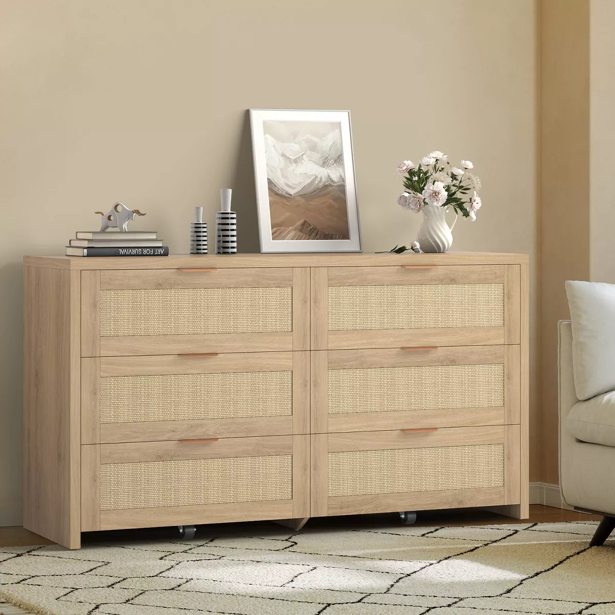Rattan Dresser for Bedroom, 57" Wide 6 Drawer Dresser with Ample Storage