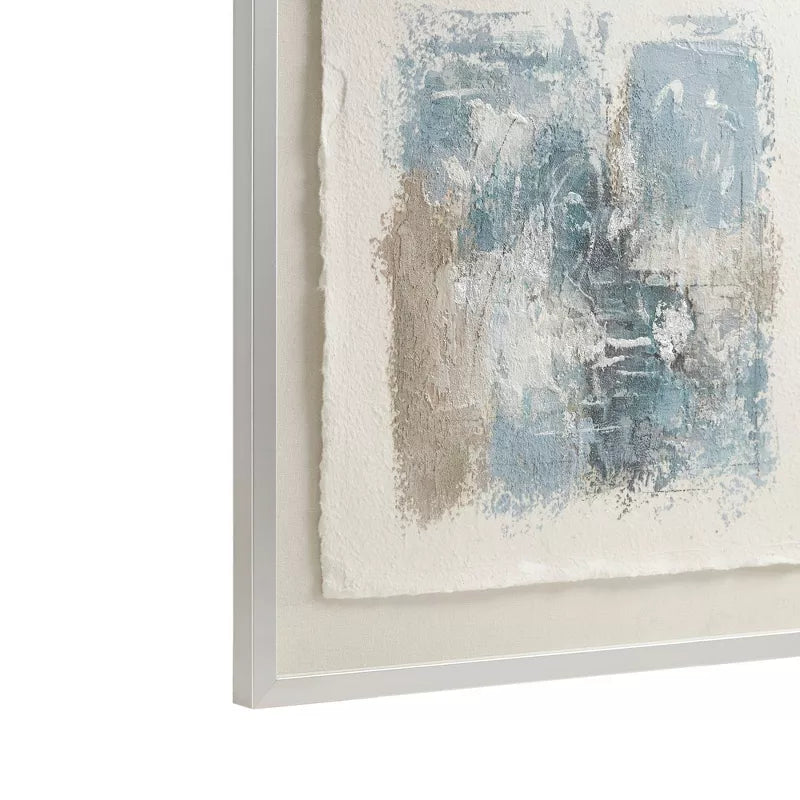 Abstract art piece with blue and beige tones in a white frame.