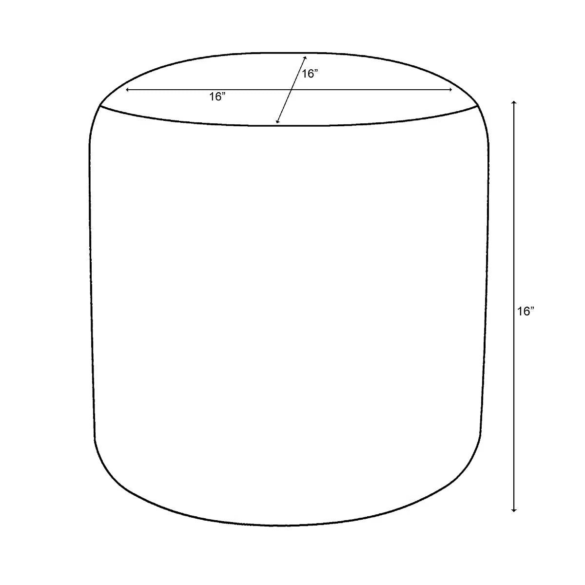 A cylindrical ottoman with dimensions of 16 inches in height and 16 inches in diameter.