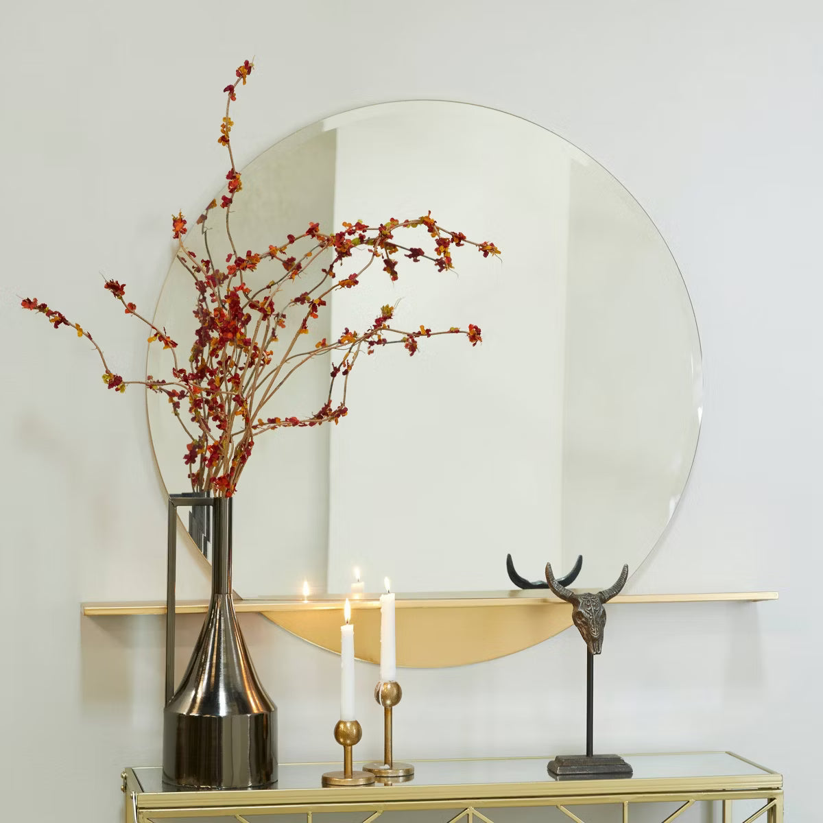 Metal 1 Shelf Wall Round Mirror Gold Large, Glam Style, No Assembly Required