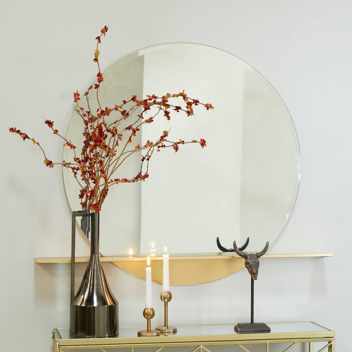 Metal 1 Shelf Wall Round Mirror Gold Large, Glam Style, No Assembly Required