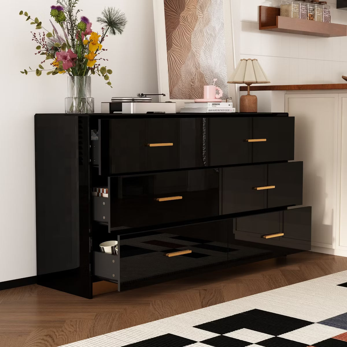 Black High Gloss Dresser With 6 Drawers and Form Base